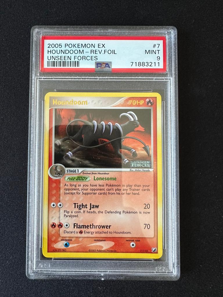 Houndoom reverse foil ex unseen forces psa 9, Ophalen of Verzenden, Zo goed als nieuw, Losse kaart, Foil