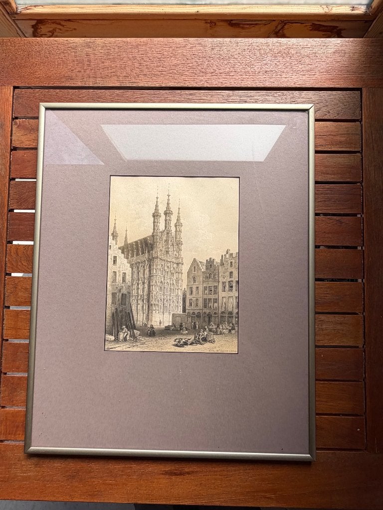 Litho Stadhuis Leuven–C.J. Billmark (ca.1850) + CERTIFICAAT, Antiek en Kunst, Ingelijst, Ophalen of Verzenden, Landschappen, Lithografie