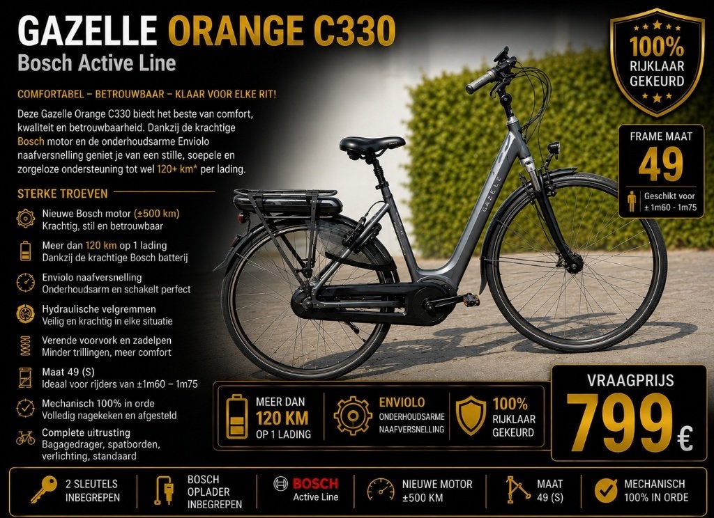 Gazelle Orange C330 Enviolo | Nieuwe bosch motor 500 km, Ophalen, Gebruikt, 47 tot 51 cm, 50 km per accu of meer