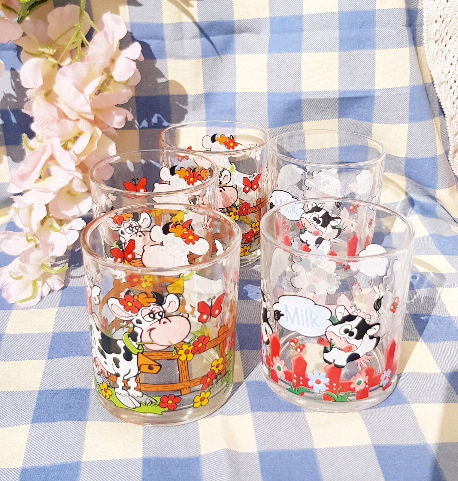 Lors 5 verres 🌿vintage décor🐄 vaches( Italie), Enlèvement ou Envoi