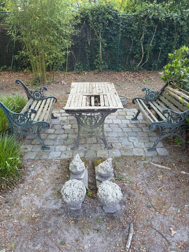 Tuinstel in gietijzer, hout te vervangen (zie foto’s), Tuin en Terras, Ophalen, Gebruikt, Bank, Tuinset