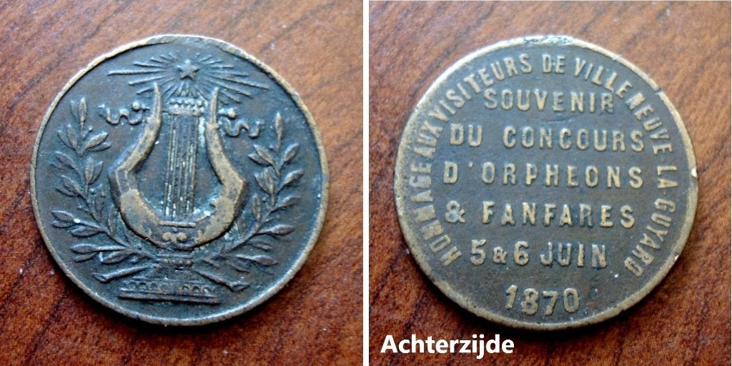 Penning festival Villeneuve-la Guyard (France) 1870, Postzegels en Munten, Penningen en Medailles, Verzenden, Brons