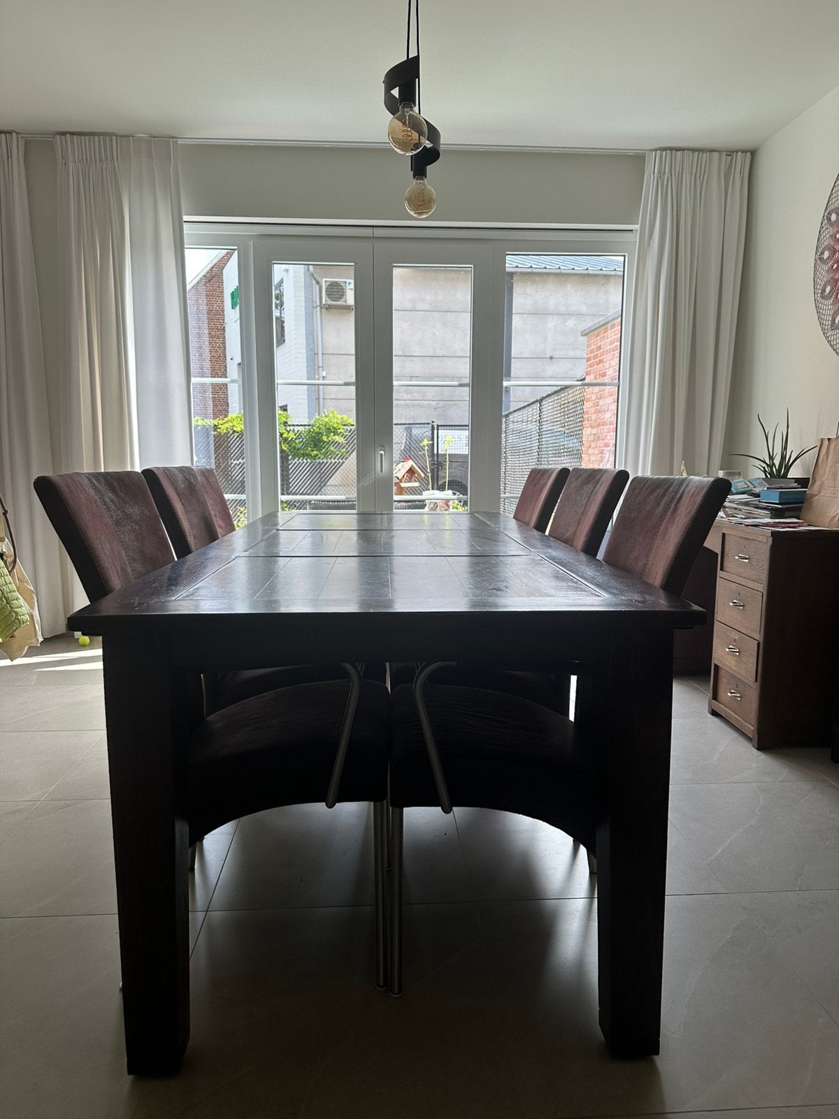 Houten tafel met 6 stoelen 210-95cm, Huis en Inrichting, Ophalen, Gebruikt, 200 cm of meer, 50 tot 100 cm