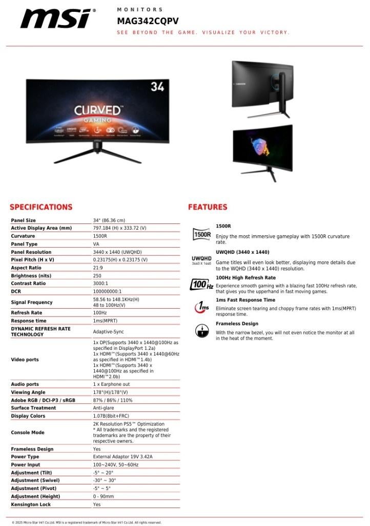 GAMING DISPLAY MSI 34 L Optix MAG342CQPV, MSI, Moins de 1 ms, VA, Ultra HD (4K)