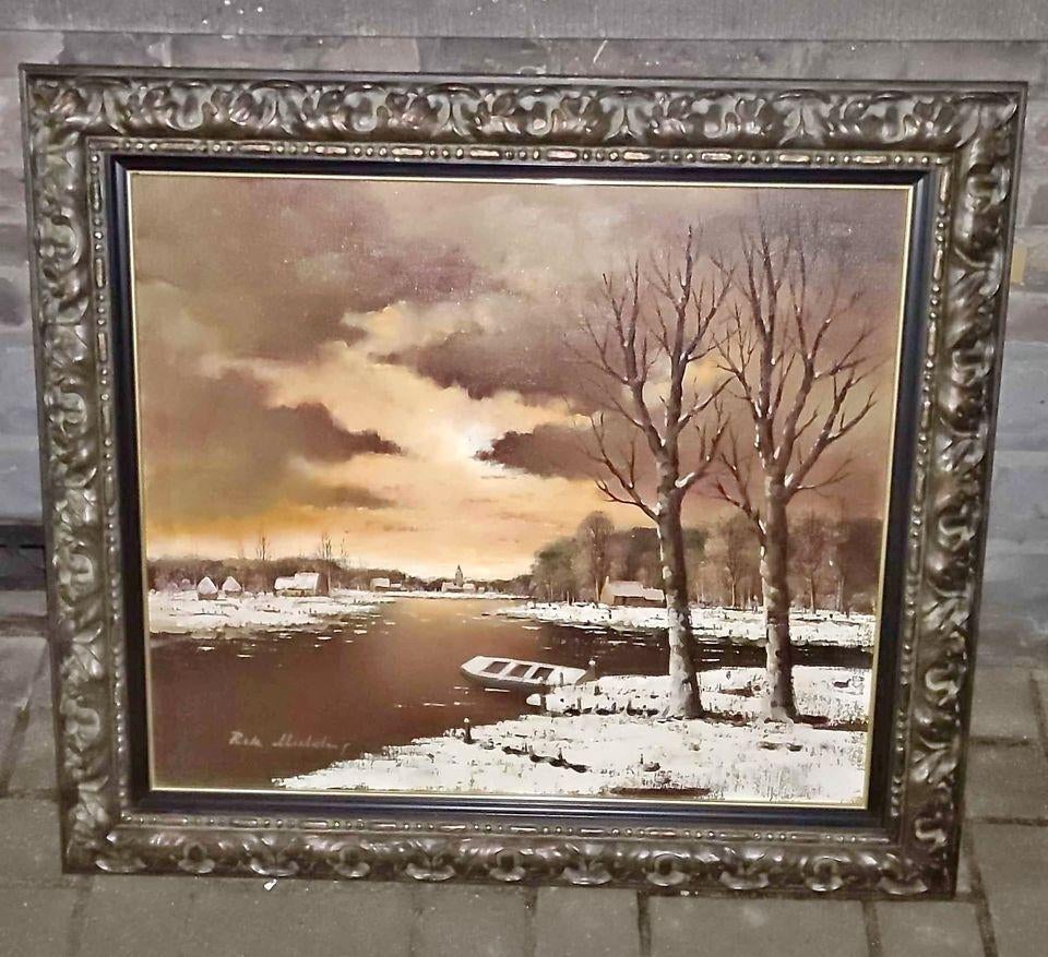 Huile sur toile paysage enneigé signe rik mulders, Antiek en Kunst, Ophalen