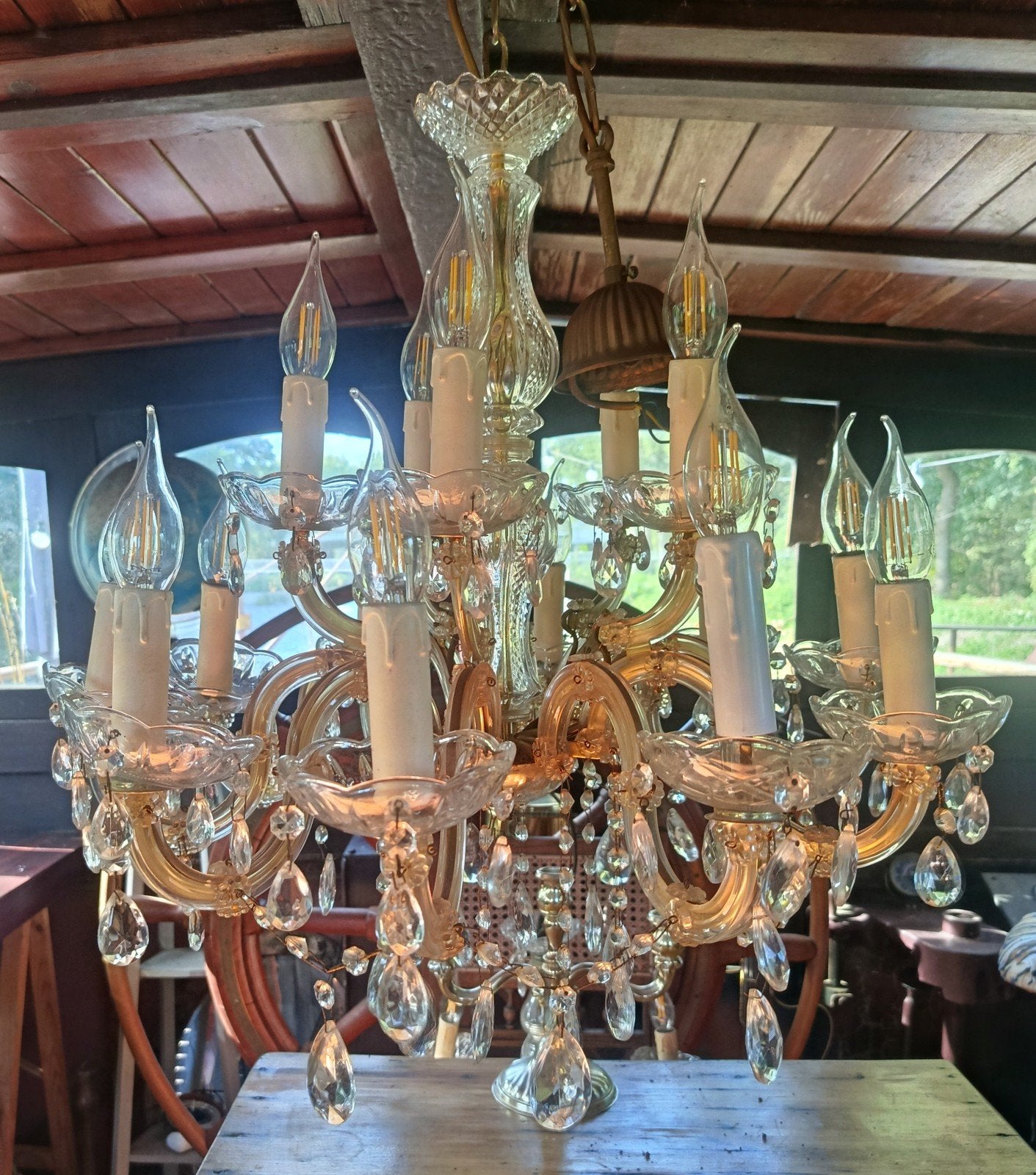 kristallen luster 14 lichtpunten met led lampen, Huis en Inrichting, Ophalen, Gebruikt, Vintage retro
