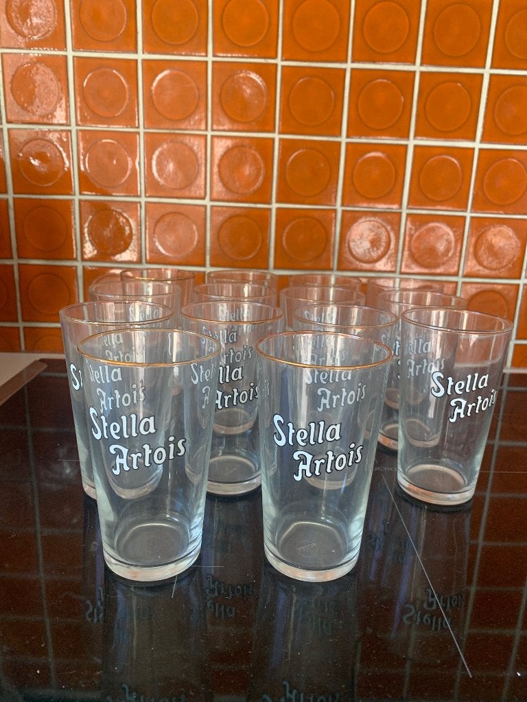 Oude Stella Artois glazen 13 stuks, Ophalen, Gebruikt, Glas of Glazen, Stella Artois