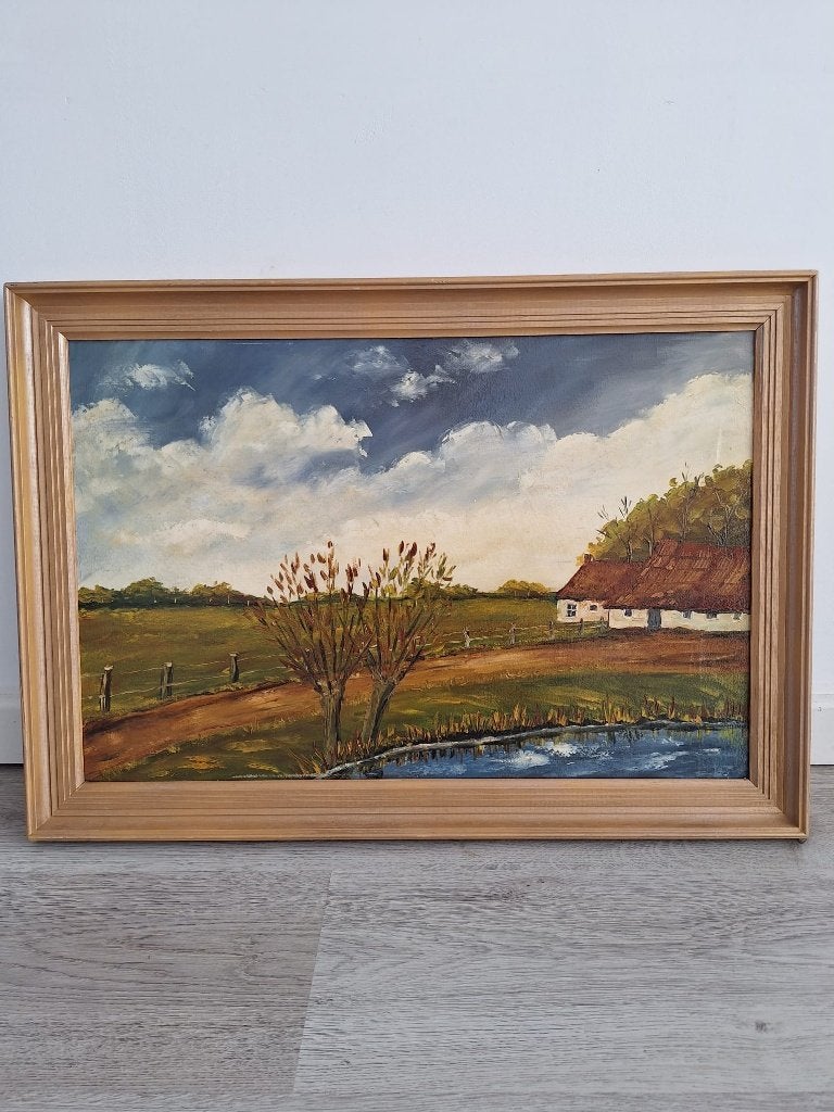 Olieverfschilderij Landschap met boerderij, Antiek en Kunst, Kunst | Schilderijen | Klassiek, Ophalen of Verzenden, Gesigneerd