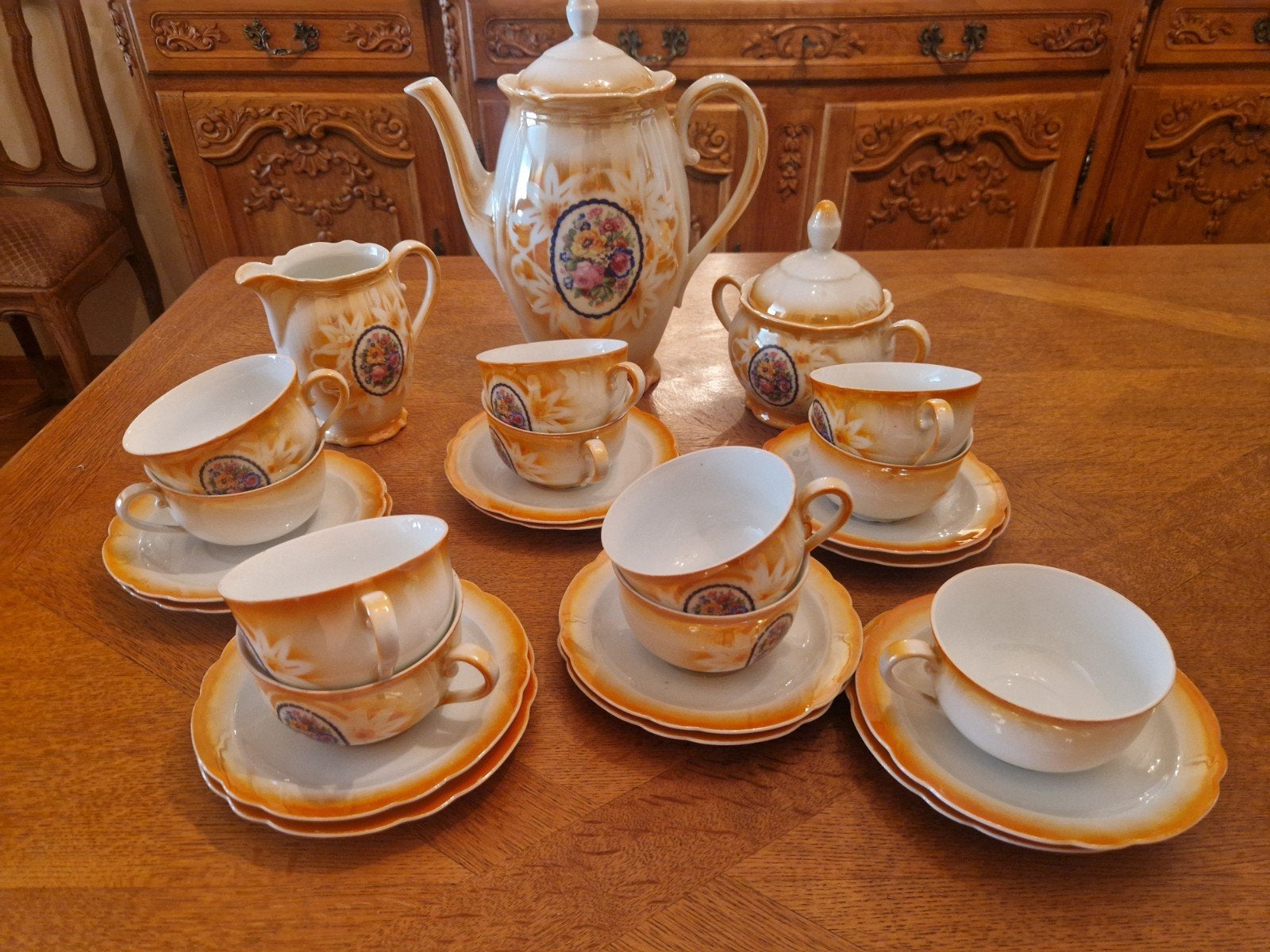 Vintage iriscent/parelmoeroranje koffieset van fijn porselei, Antiek en Kunst, Ophalen
