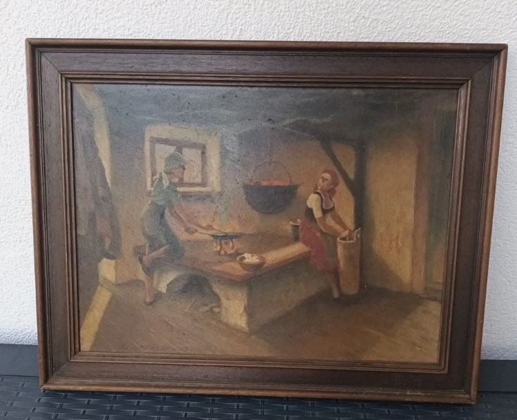 antiek schilderij `` boerderij - keuken`` K. Moser, Ophalen, Paneel, Portret of Personen, Gesigneerd
