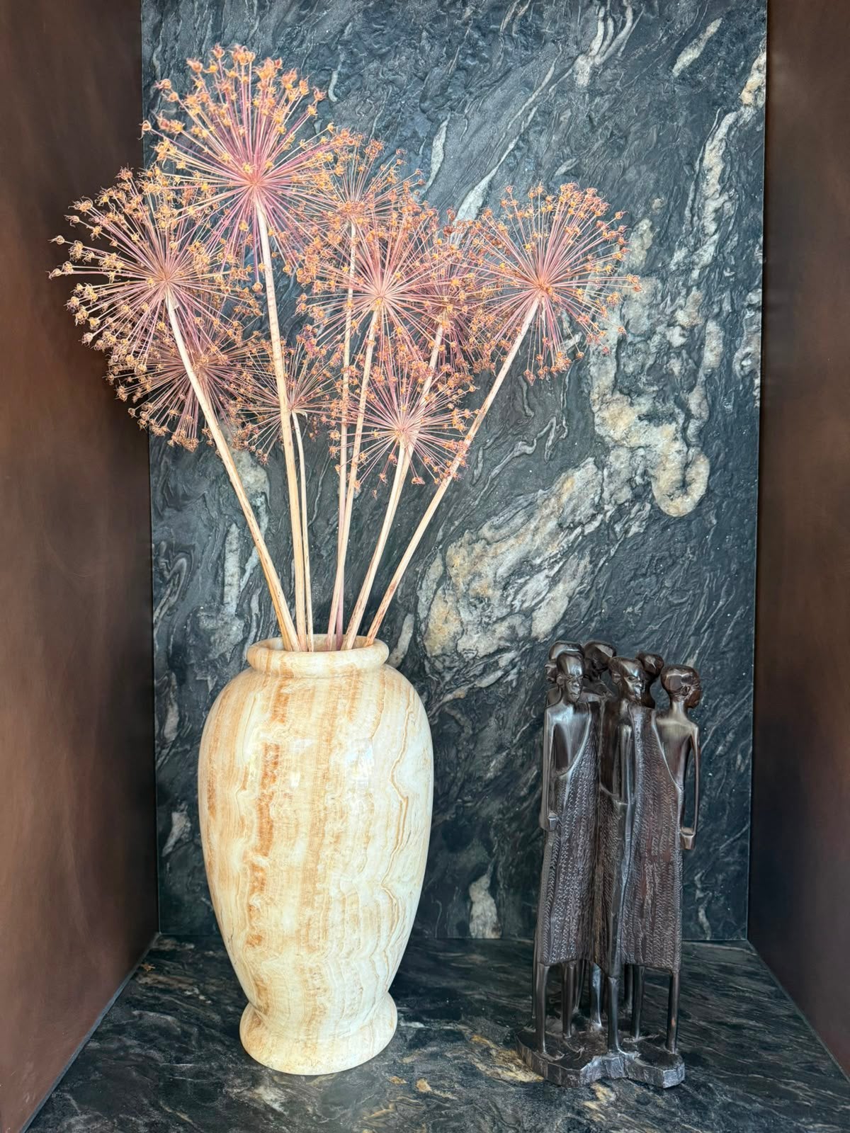 Massieve onyx marmeren vaas – unieke natuursteen – 40 cm, Ophalen, Beige, Met deksel, Zo goed als nieuw