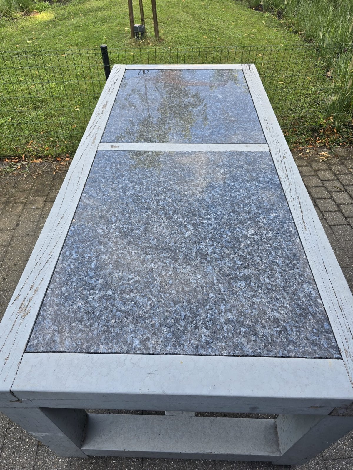 Table de jardin avec plateau en pierre, Jardin & Terrasse, Tables de jardin, Utilisé, Rectangulaire, Bois, Enlèvement