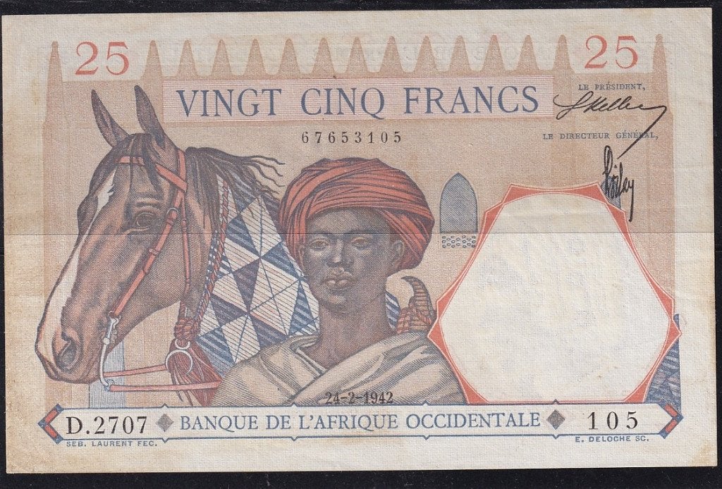 AOF 25 fr 1942 XF, Postzegels en Munten, Bankbiljetten | Afrika, Ophalen of Verzenden, Overige landen, Los biljet