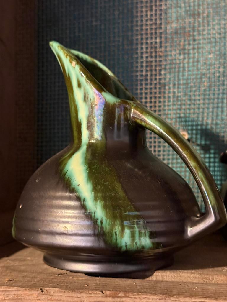 Vintage Art Deco kruik/vaas – Belgisch aardewerk groen/bruin, Antiek en Kunst, Ophalen of Verzenden