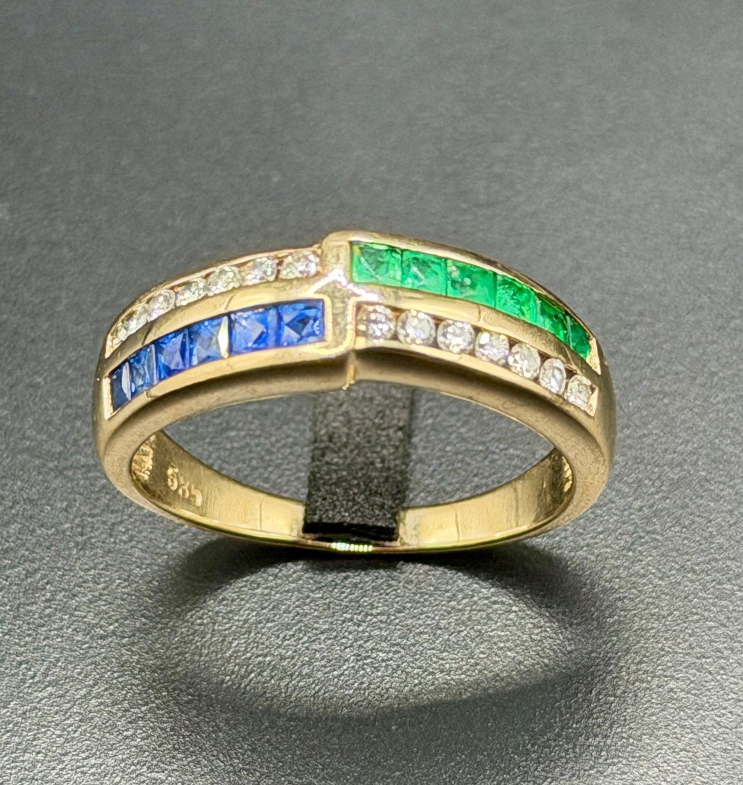 Ring 14K goud met natuurlijke diamant saffier smaragd- 18mm, 18 tot 19, Ophalen of Verzenden, Met edelsteen, Dame
