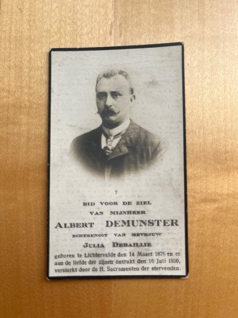 Rouwkaart A. Demunster  Lichtervelde 1876 + 1930, Envoi, Carte de condoléances