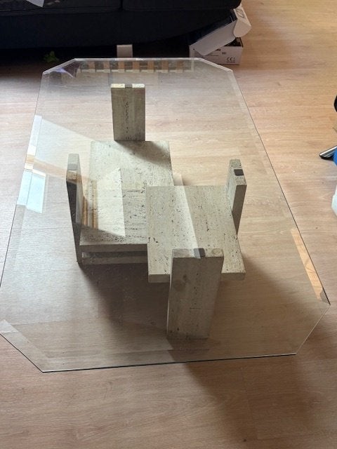 Table travertin + verre 70/130, Ophalen, Gebruikt, 5 – 50