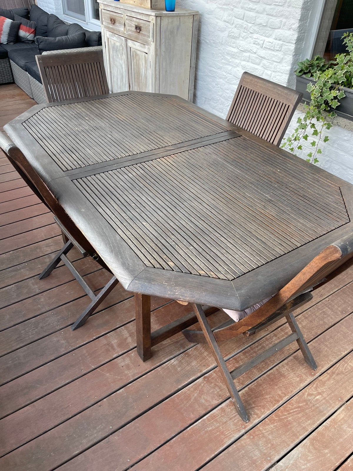 Table extérieur extensible en Teck massif + 4 Chaises, Tuin en Terras, Tuintafels, Ophalen, Gebruikt