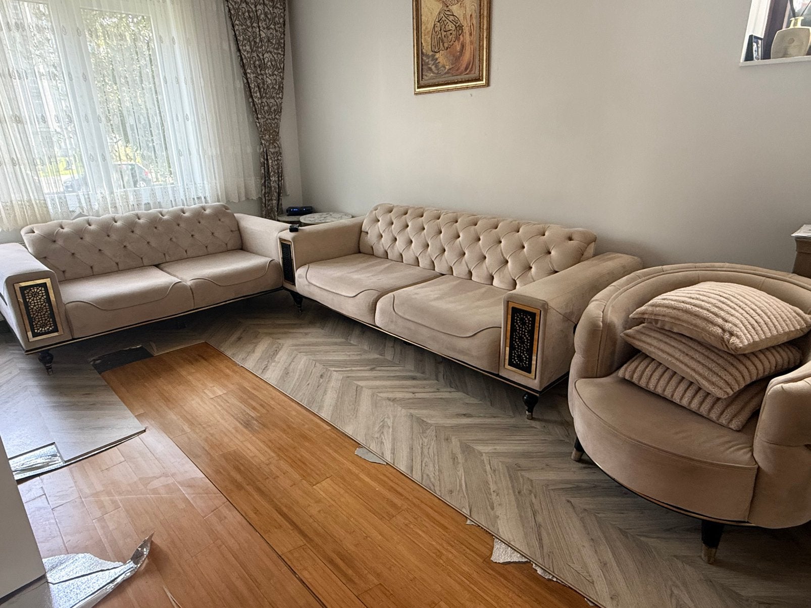 Beige zetelset – 2x 3-zits + 1 fauteuil – Zeer proper, Ophalen, Zo goed als nieuw