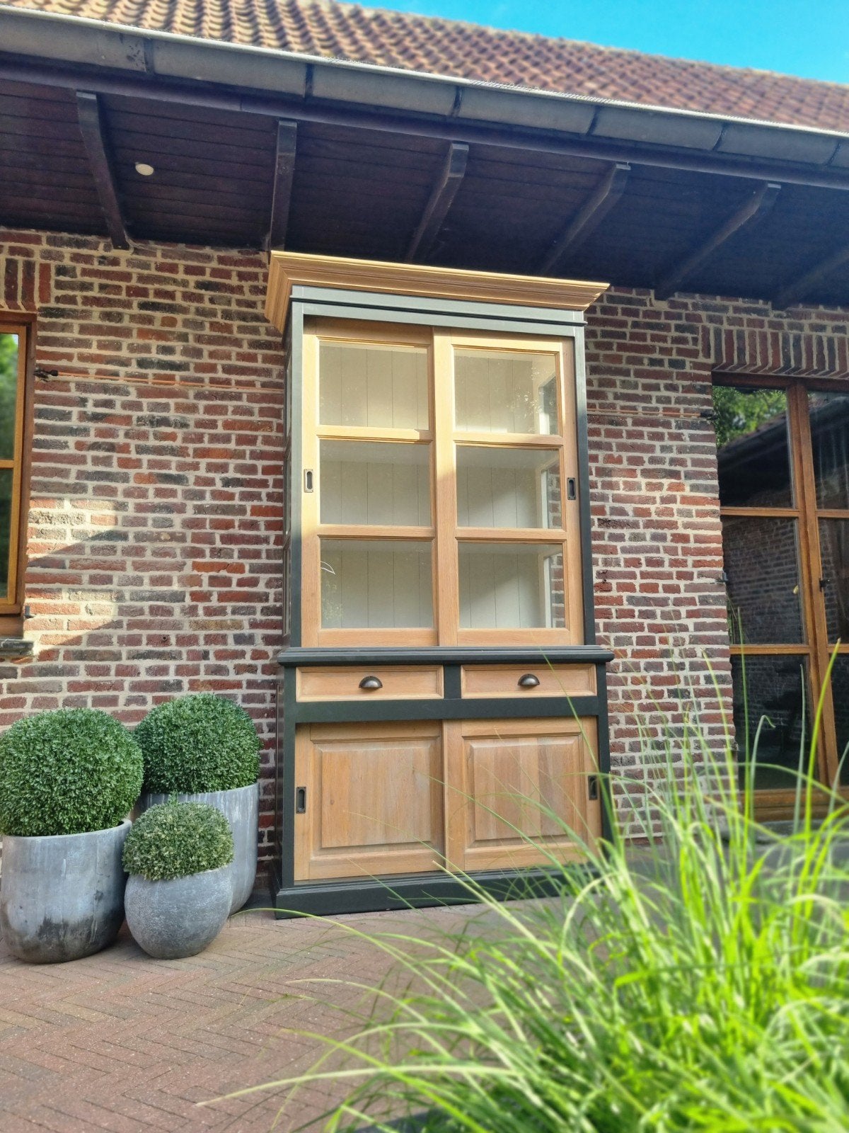 Eiken buffetkast/vitrinekast GRATIS LEVERING, Ophalen, Eikenhout, 100 tot 150 cm, 200 cm of meer