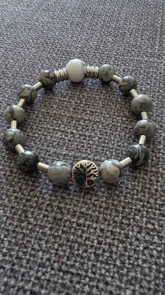 Bracelet Femme Jaspe Carte & Howlite (Fait Main), Neuf, Gris, Enlèvement ou Envoi, Avec bracelets à breloques ou perles