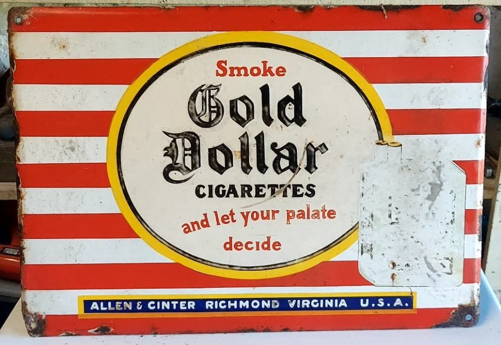 Vintage Gold Dollar Cigarettes plaatmetalen plaat (jaren 30), Ophalen of Verzenden