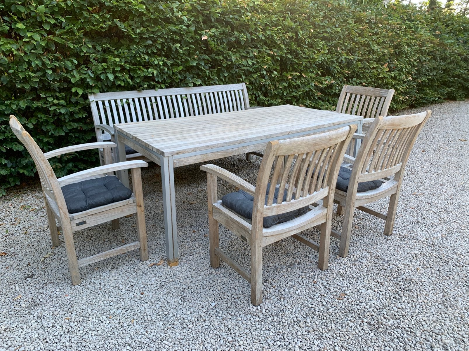 Design super Tuinset Teak & Aluminium + XL bankje + kussens, Ophalen, Gebruikt, Aluminium, Bank