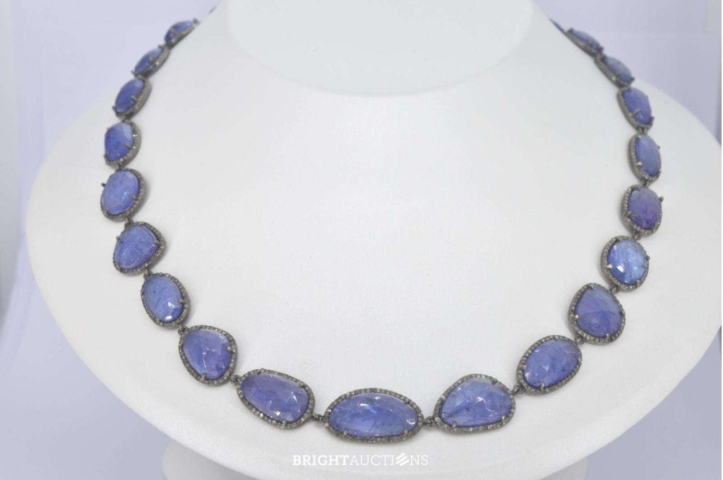 Halscollier met schakels van natuurlijke diamanten en tanzan, Bijoux, Sacs & Beauté, Colliers, Utilisé, Argent, Argent, Avec pierre précieuse