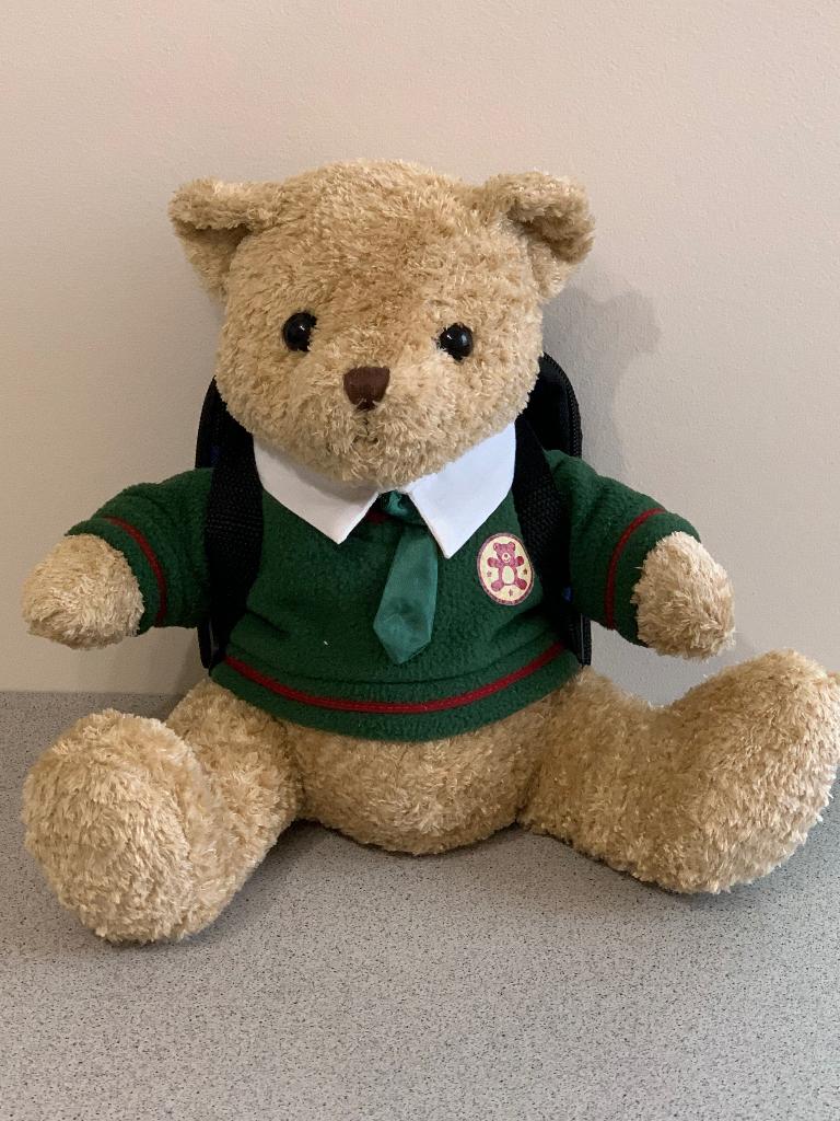 Beer in schooluniform en boekentas, Enfants & Bébés, Jouets | Peluches, Enlèvement ou Envoi, Autres marques, Comme neuf, Moyen (20 à 80 cm)