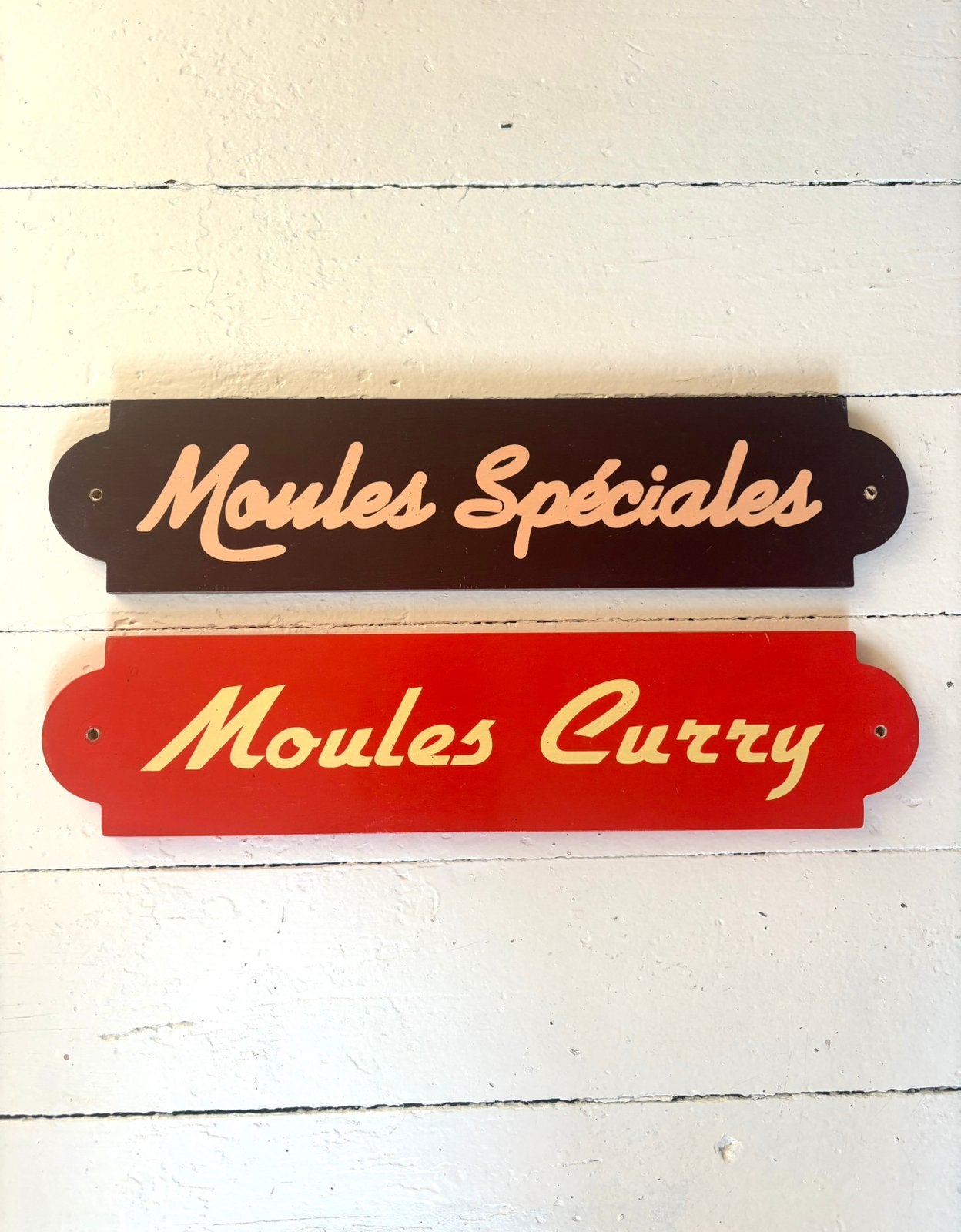 Paire de pancartes vintage “Moules” en bois, Maison & Meubles, Enlèvement, Bois, Vintage