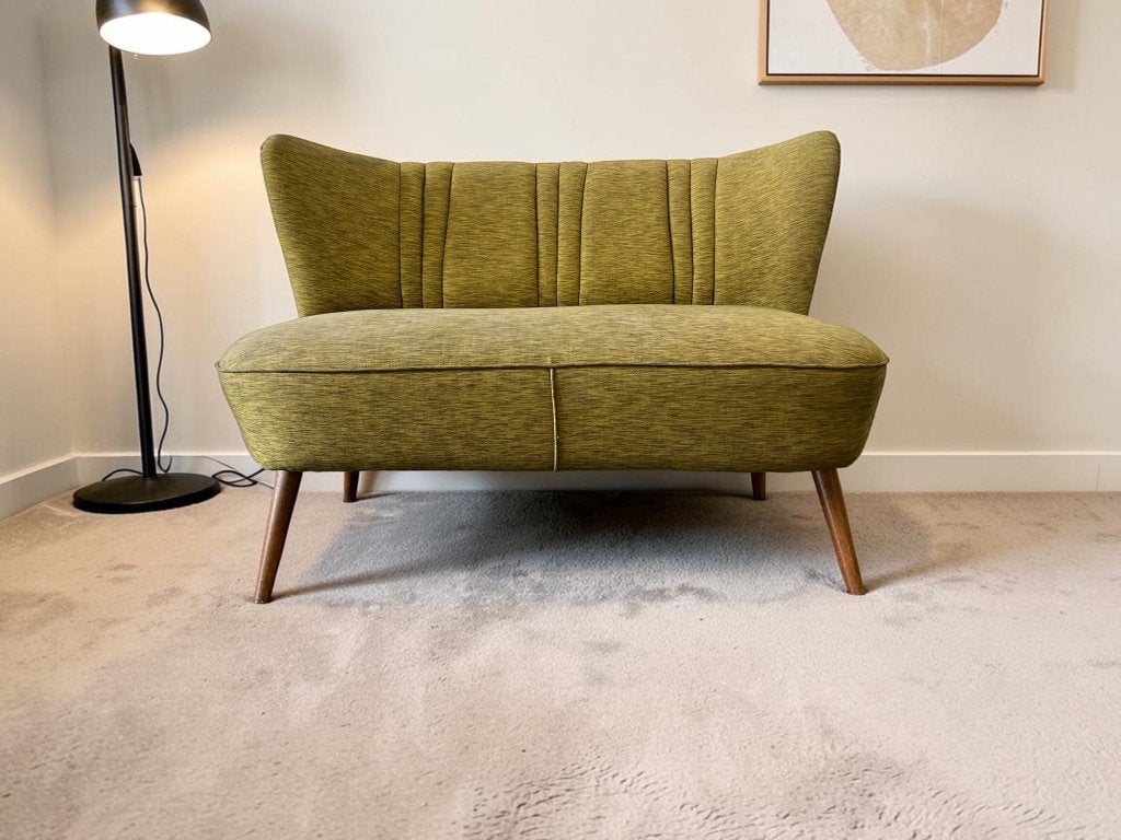 vintage geelgroene tweezit / fauteuil / sofa, Antiek en Kunst, Ophalen