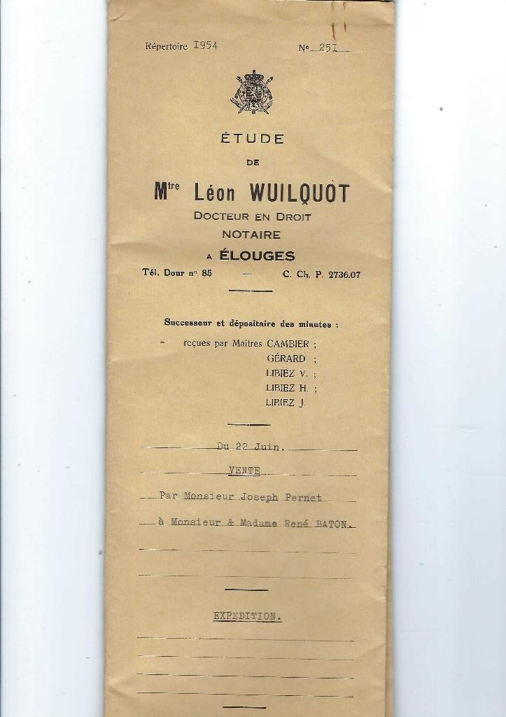 Ancien document notarié 1954, Enlèvement ou Envoi, Utilisé