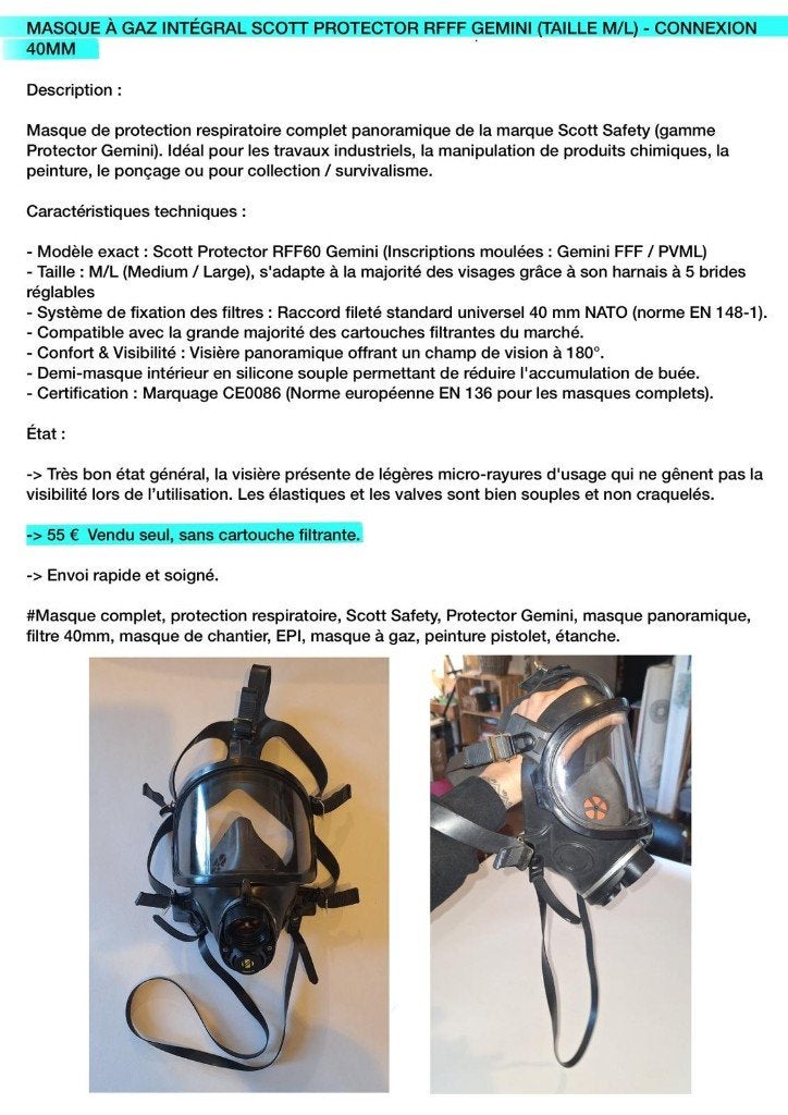 MASQUE INTÉGRAL SCOTT PROTECTOR RFFF GEMINI- CONNEXION 40MM, Bricolage & Construction, Protection respiratoire, Utilisé, Masques complets