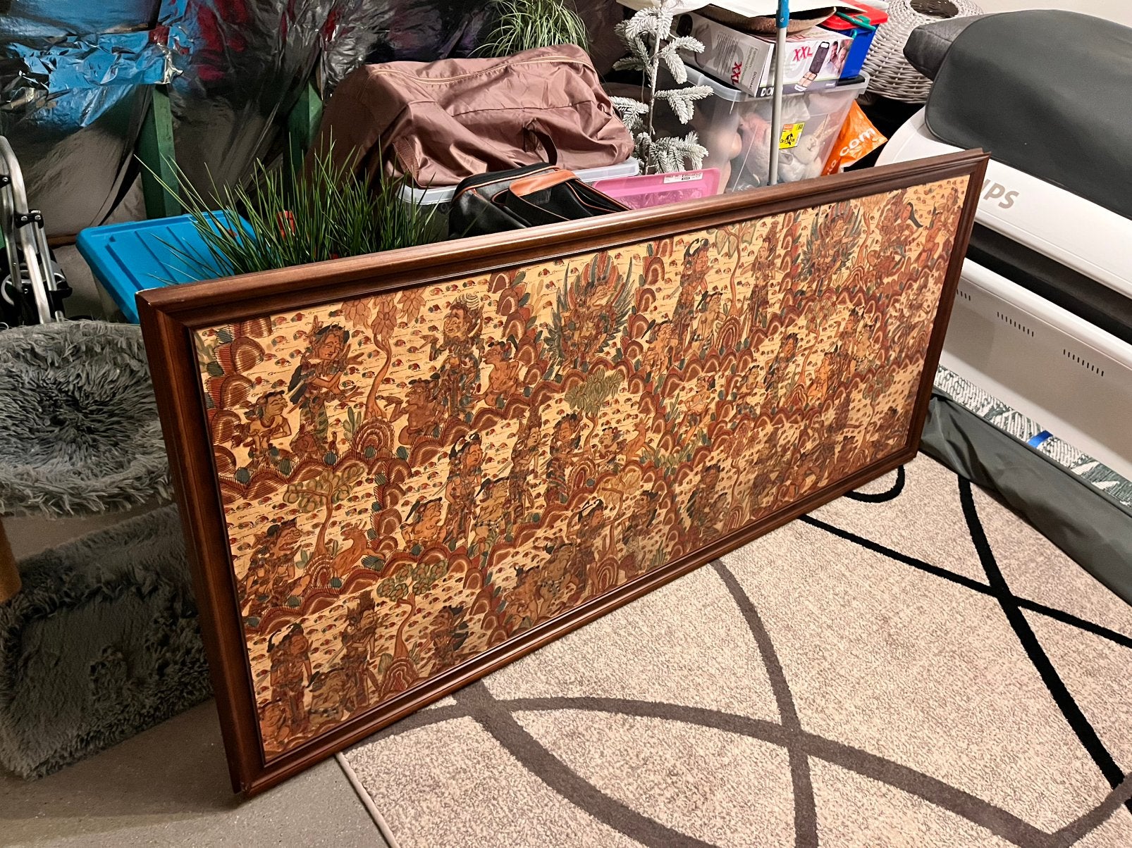Groot Prachtig Balinees Schilderij in Houten Kader, Ophalen, Zo goed als nieuw