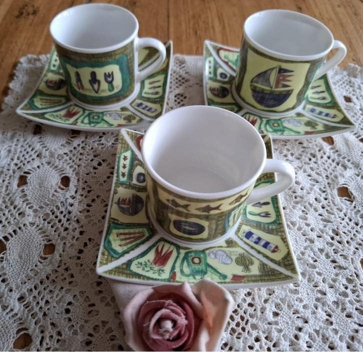 3 espresso kop & schoteltjes, boot, vis, tuin, vuurtoren, -, Comme neuf, Autres styles, -
