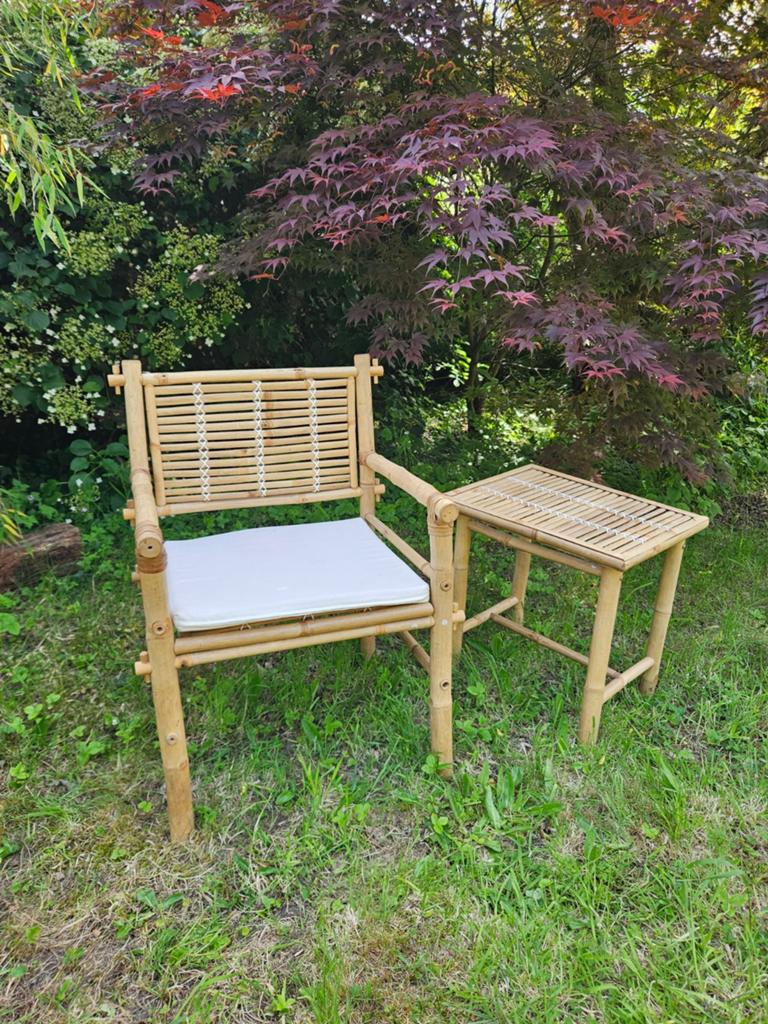 tuintafel en stoel van bamboe, Tuin en Terras, Tuinstoelen, Ophalen, Zo goed als nieuw, Overige materialen