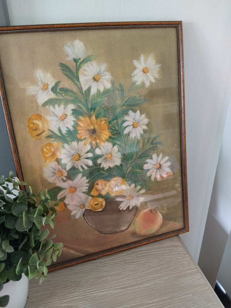 vintage houten kader met bloemprent achter glas, Vintage, Ophalen of Verzenden, Zo goed als nieuw, Achter glas