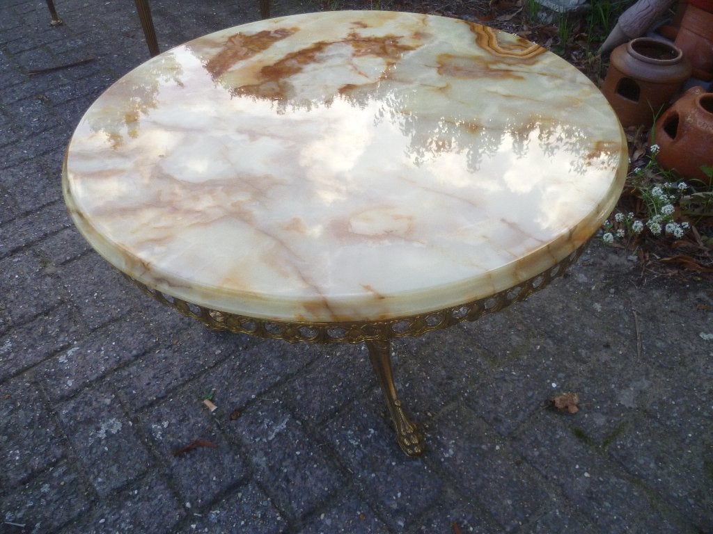 MOOIE KOPEREN SALONTAFEL MET MARMER, Antiek en Kunst, Ophalen