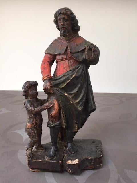 Heiligenbeeld sint Rochus met engeltje - 18de eeuw, Verzamelen, Ophalen, Gebruikt, Beeld(je), Christendom | Katholiek