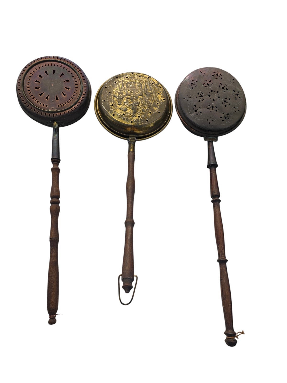 Lot de 3 bassinoires anciennes (chaufferettes de lit) en cui, Enlèvement
