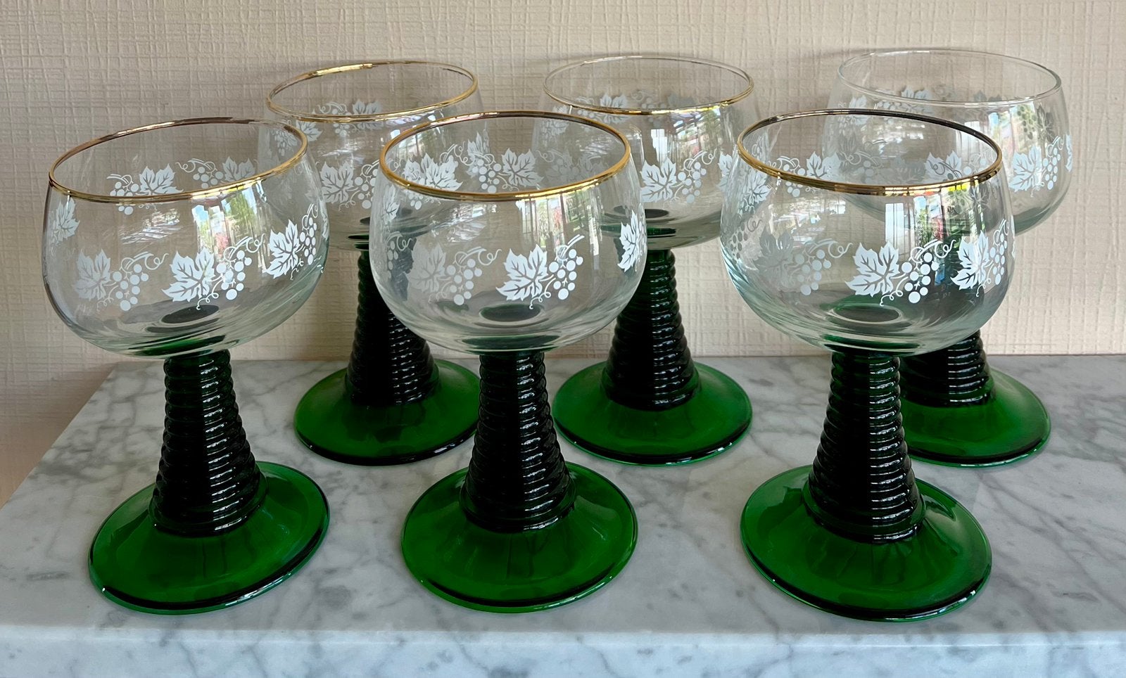 Vintage Moezelglazen – bedrukt – 6 stuks, Ophalen, Gebruikt
