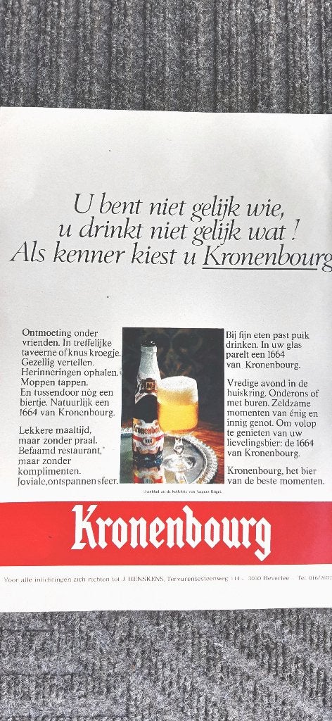bier 1664 Kronenbourg  - reclame 1972 A4 - GM Opel Rekord II, Ophalen of Verzenden, Zo goed als nieuw, Reclamebord, Plaat of Schild