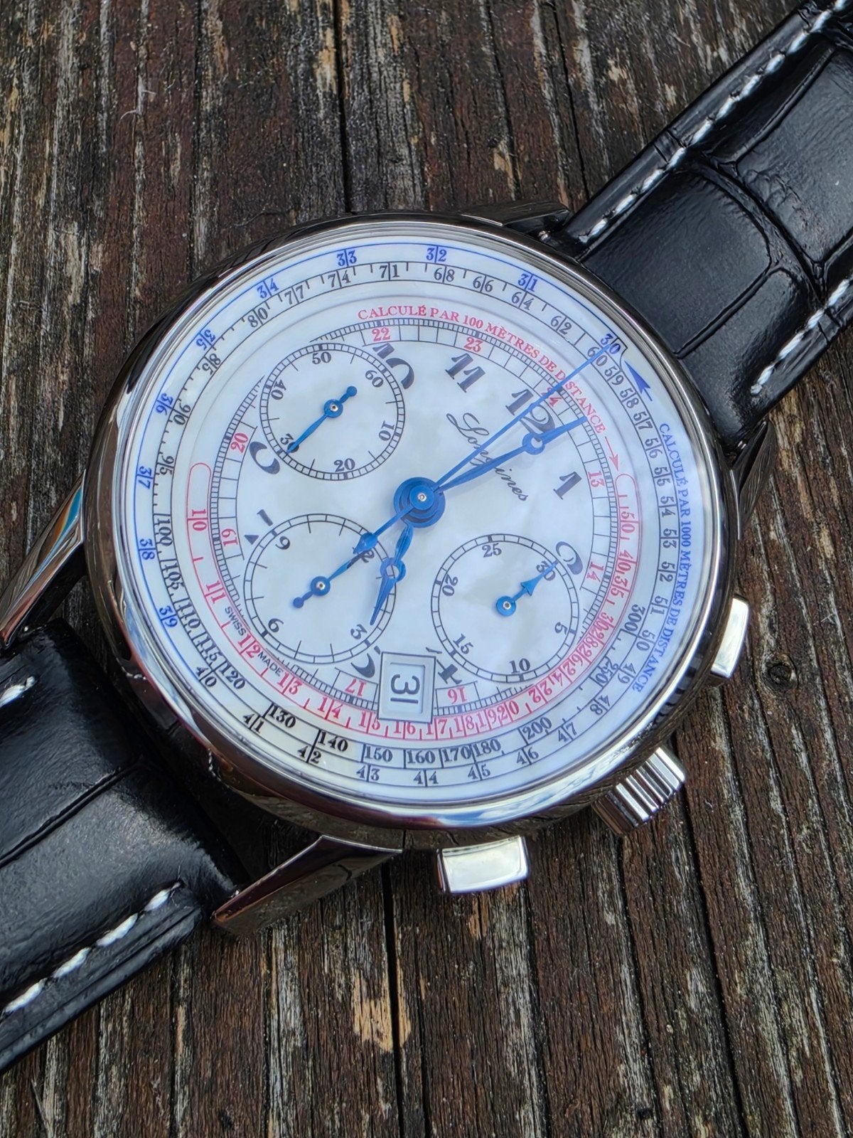 Longines Tachymeter Chronograph, Handtassen en Accessoires, Ophalen of Verzenden, Staal, Polshorloge, Leer