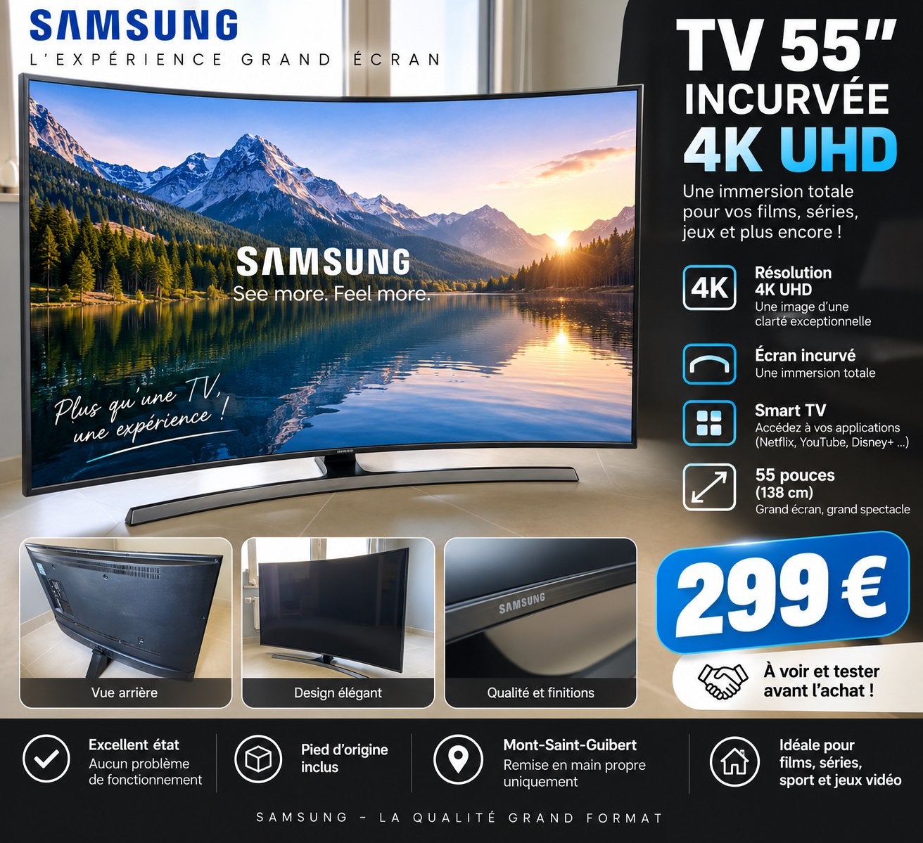 TV Samsung 55” incurvée 4K UHD Smart TV – Parfait état, TV, Hi-fi & Vidéo, Télévisions, 120 Hz, Comme neuf, Enlèvement, Samsung