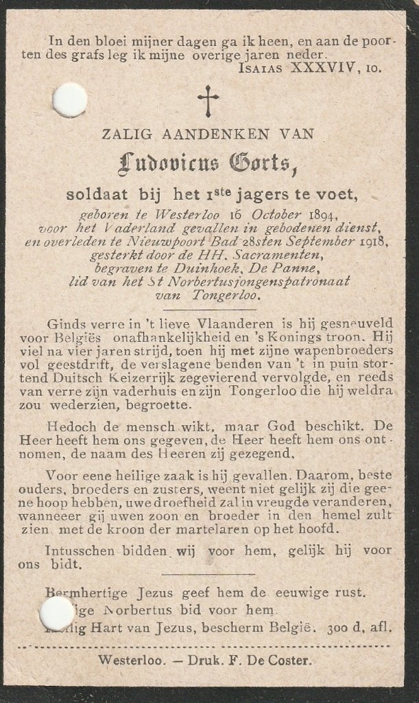 Gesneuvelde 1914-1918 Ludovicus Gorts Westerloo- Nieuwpoort, Ophalen of Verzenden