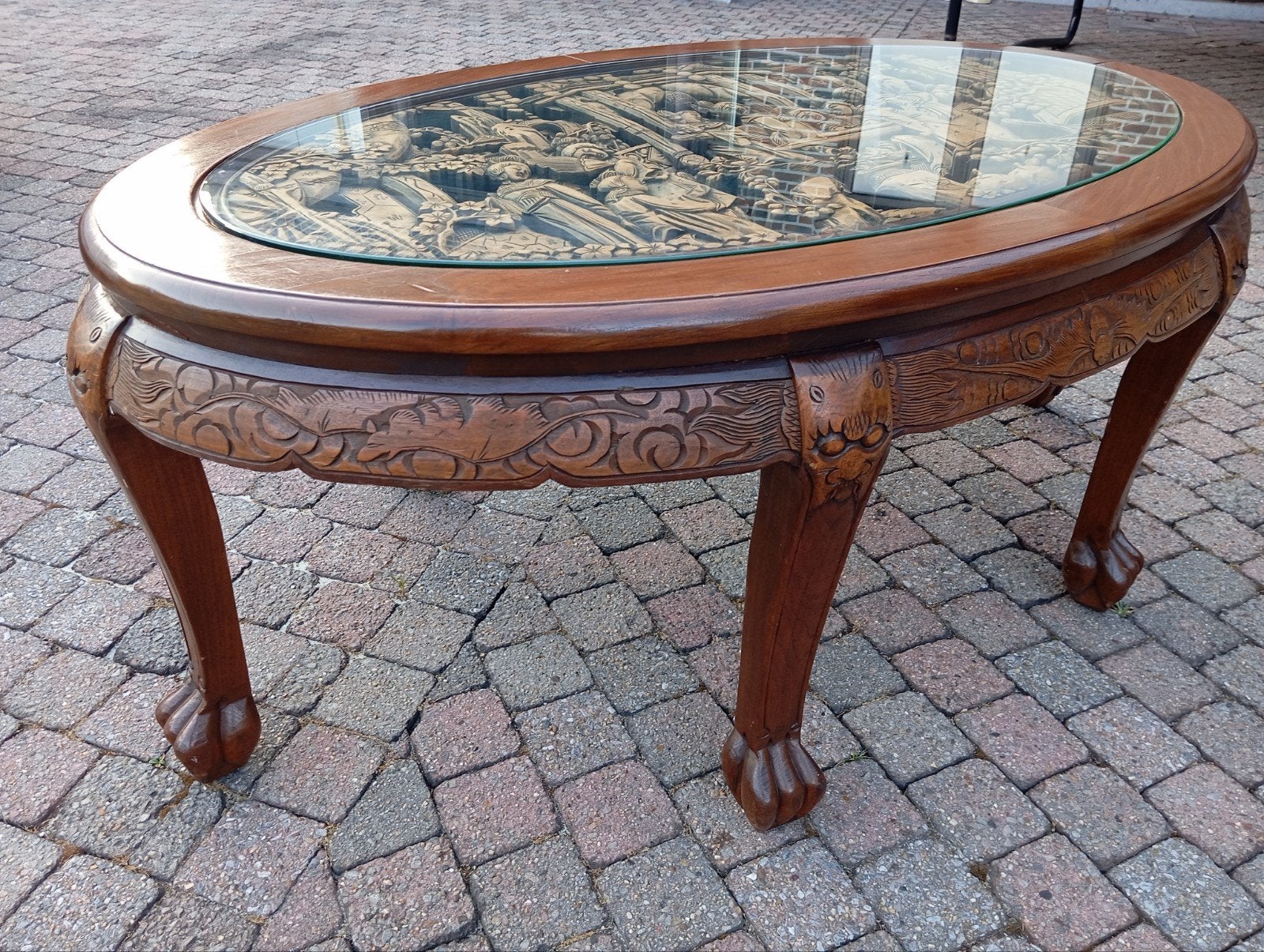 Prachtige Handgesneden Oosterse Salontafel met Glazen Top, Antiek en Kunst, Ophalen