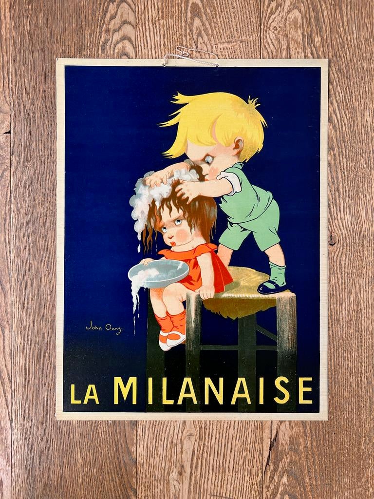 Panneau d'affichage rétro original La Milanaise John Owny, Collections, Marques & Objets publicitaires, Utilisé, Panneau publicitaire