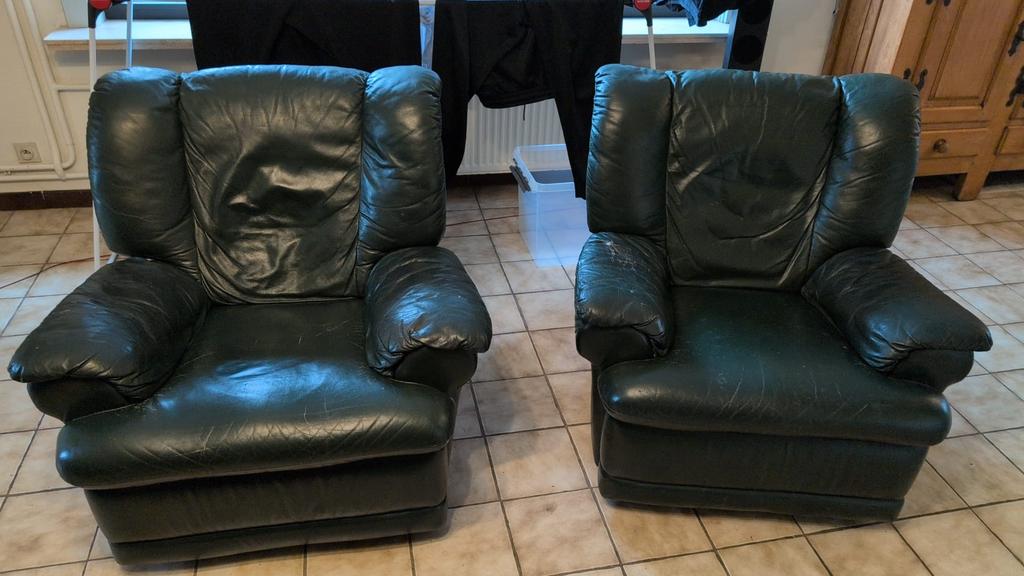 Set leren zetels groen (ook apart mogelijk) (moet weg), Huis en Inrichting, Fauteuils, Ophalen, Gebruikt, Leer