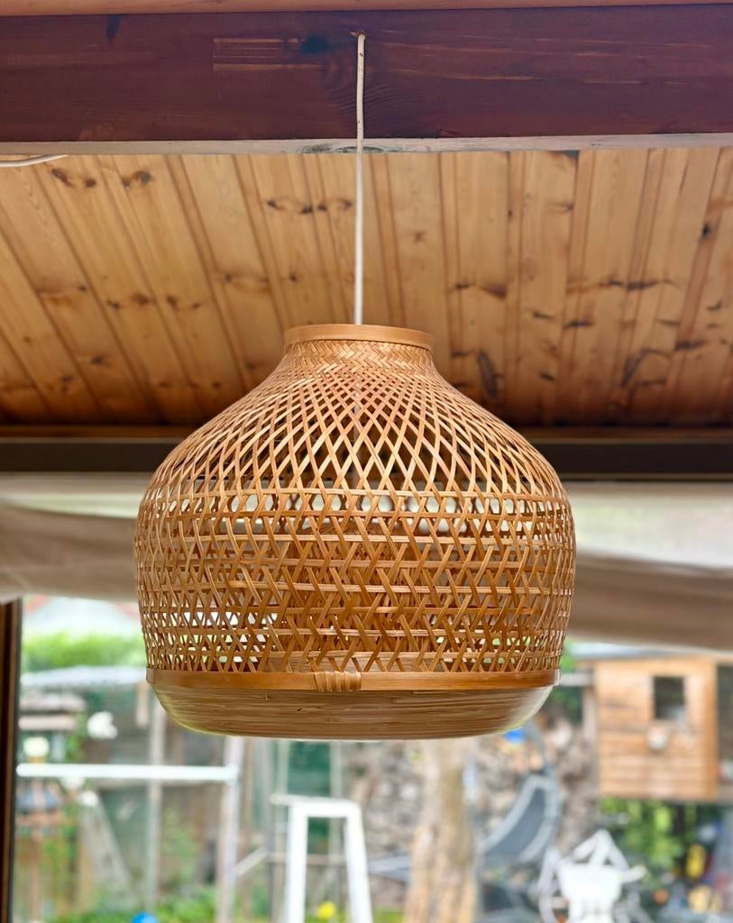 Lampe abat jour suspendu bois style bambou deco design, Enlèvement ou Envoi, Comme neuf, Bois