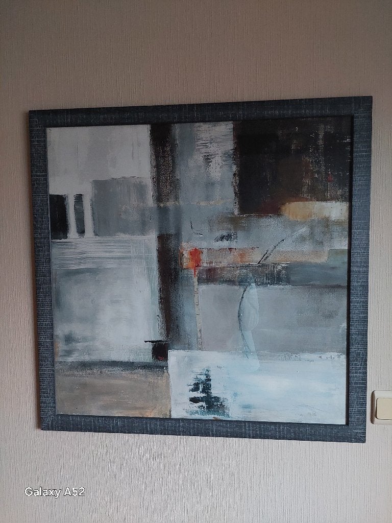 abstract werk in metalen kader met glas, 78 x 78 cm, Ophalen, Zo goed als nieuw, Schilderij, 75 tot 100 cm